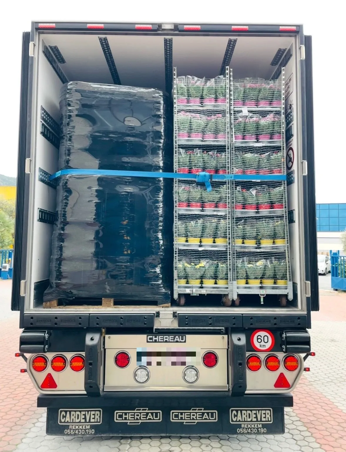 Rolcontainers vol bloeiende potplanten naast een pallet, klaar voor vertrek in een Malatra-trailer